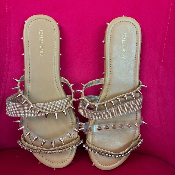 Azalea Wang Shoes - Azalea Wang Tan Studded Rhinestone Slide Sandals Women's size 9 like new
